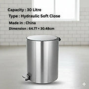 Metal trash bin with specifications on a tiled wall background