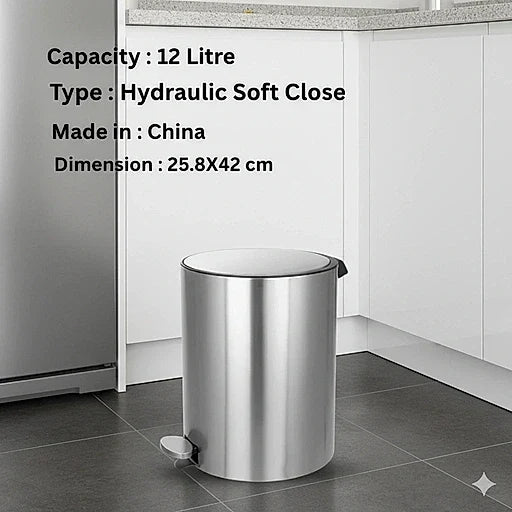 Stainless steel trash bin with text detailing capacity, type, origin, and dimensions in a kitchen setting.