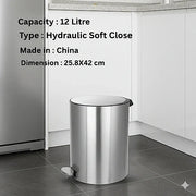 Stainless steel trash bin with text detailing capacity, type, origin, and dimensions in a kitchen setting.