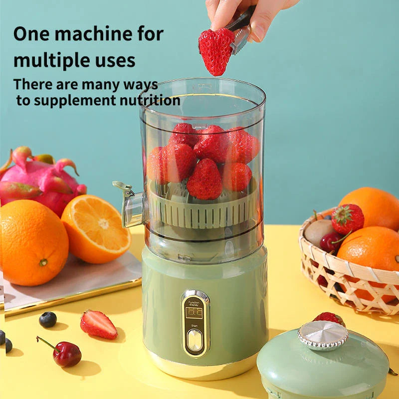 Blender with fruits on a yellow surface and blue background