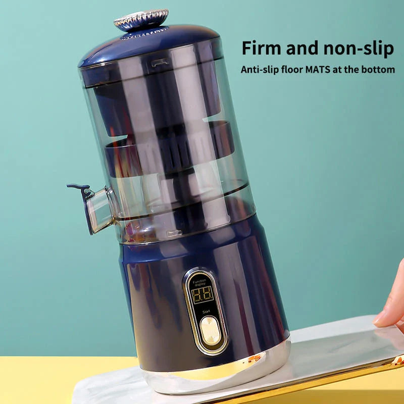 Blue and silver kitchen appliance on a yellow surface with a teal background