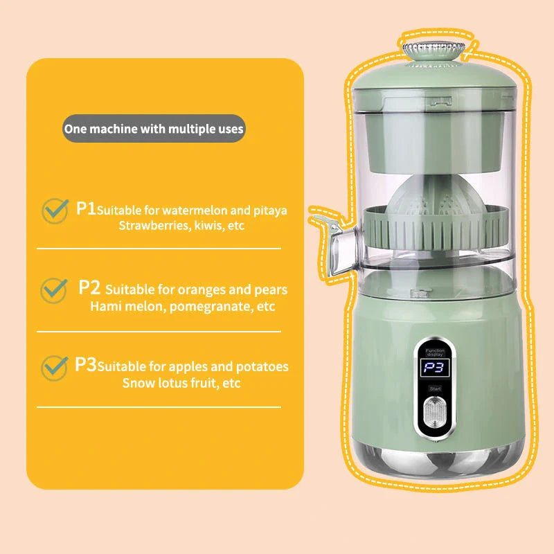 Green juicer with text on a beige background