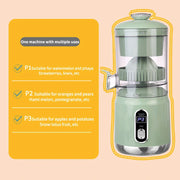 Green juicer with text on a beige background