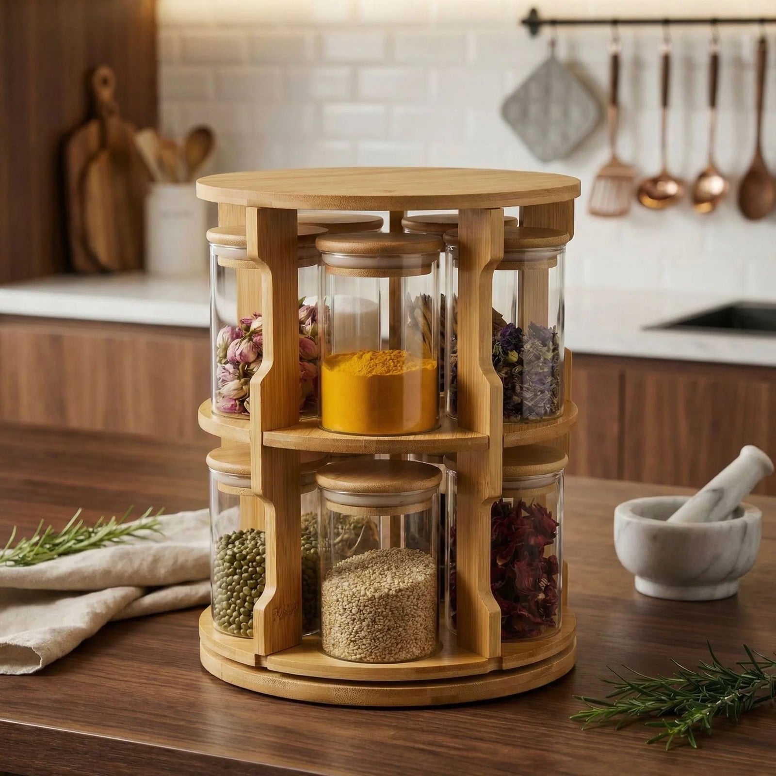 Ten piece glass spice jar set with bamboo stand – KT Nest