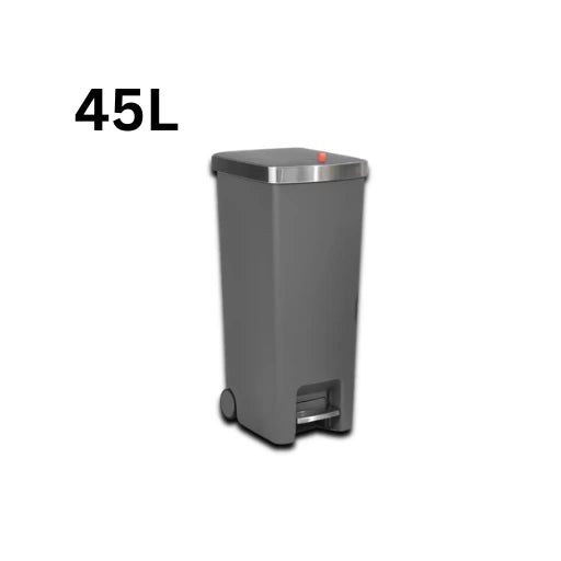 Gray trash bin with a step lid on a white background, labeled 45L.