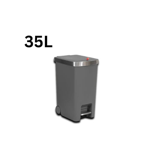 Gray trash bin with a step lid on a white background, labeled '35L'.