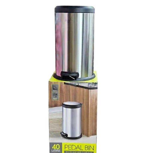 Stainless steel pedal bin with packaging on a white background
