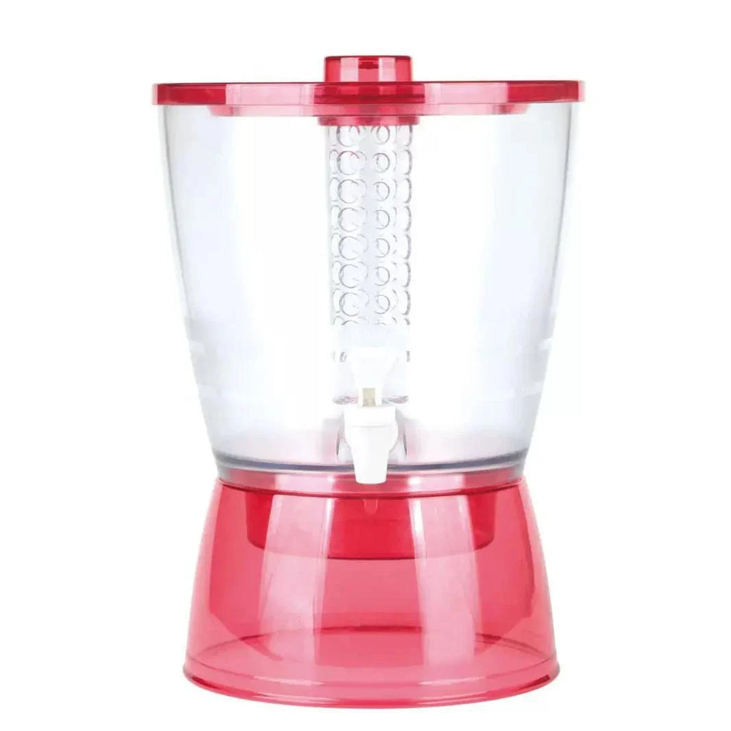 Clear and red plastic container with a white spout on a white background