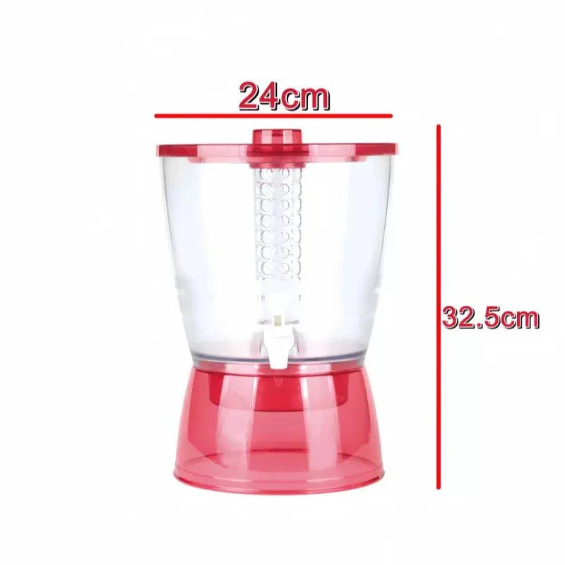 Red and clear plastic container with dimensions labeled on a white background