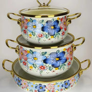 3 Pcs Floral Enamel Cookware Set with Glass Lid – Premium Cooking Pot Set for Modern Kitchen