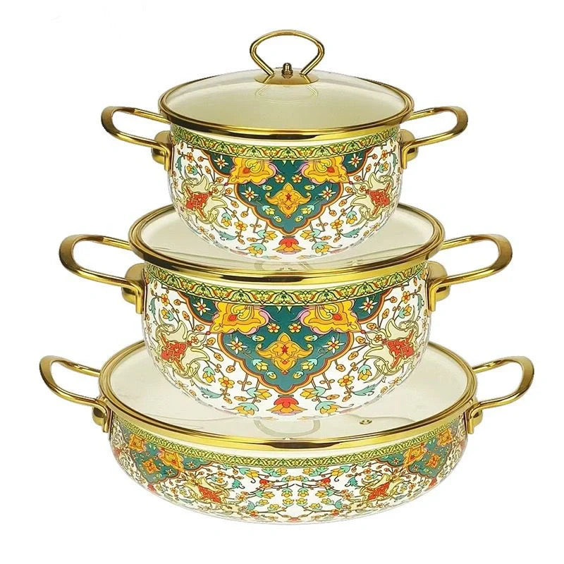 3 Pcs Floral Enamel Cookware Set with Glass Lid – Premium Cooking Pot Set for Modern Kitchen