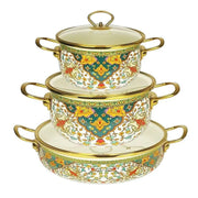 3 Pcs Floral Enamel Cookware Set with Glass Lid – Premium Cooking Pot Set for Modern Kitchen