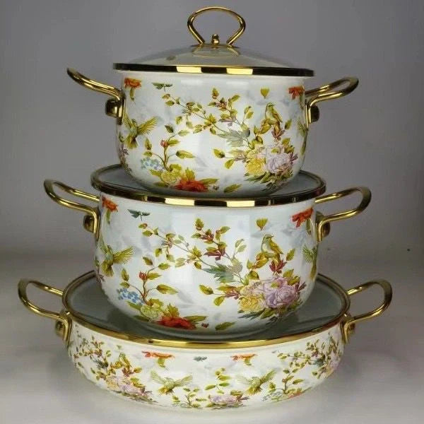 Three piece floral enamel cookware set with glass lids – KT Nest