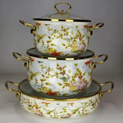 Three piece floral enamel cookware set with glass lids – KT Nest