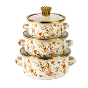 3 Pcs Floral Enamel Cookware Set with Glass Lid – Premium Cooking Pot Set for Modern Kitchen