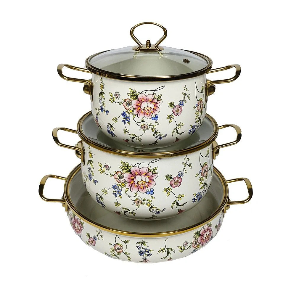 3 Pcs Floral Enamel Cookware Set with Glass Lid – Premium Cooking Pot Set for Modern Kitchen