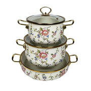 3 Pcs Floral Enamel Cookware Set with Glass Lid – Premium Cooking Pot Set for Modern Kitchen