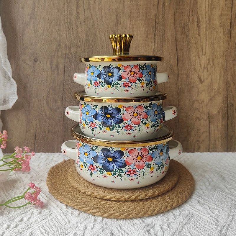 3 Pcs Floral Enamel Cookware Set with Glass Lid – Premium Cooking Pot Set for Modern Kitchen