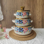 3 Pcs Floral Enamel Cookware Set with Glass Lid – Premium Cooking Pot Set for Modern Kitchen