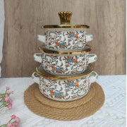 3 Pcs Floral Enamel Cookware Set with Glass Lid – Premium Cooking Pot Set for Modern Kitchen