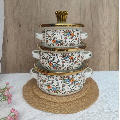 3 Pcs Floral Enamel Cookware Set with Glass Lid – Premium Cooking Pot Set for Modern Kitchen