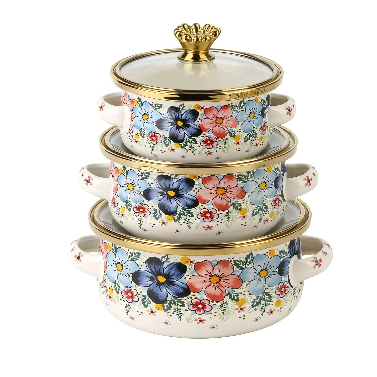 3 Pcs Floral Enamel Cookware Set with Glass Lid – Premium Cooking Pot Set for Modern Kitchen