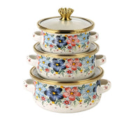 3 Pcs Floral Enamel Cookware Set with Glass Lid – Premium Cooking Pot Set for Modern Kitchen