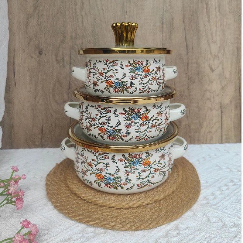 3 Pcs Floral Enamel Cookware Set with Glass Lid – Premium Cooking Pot Set for Modern Kitchen