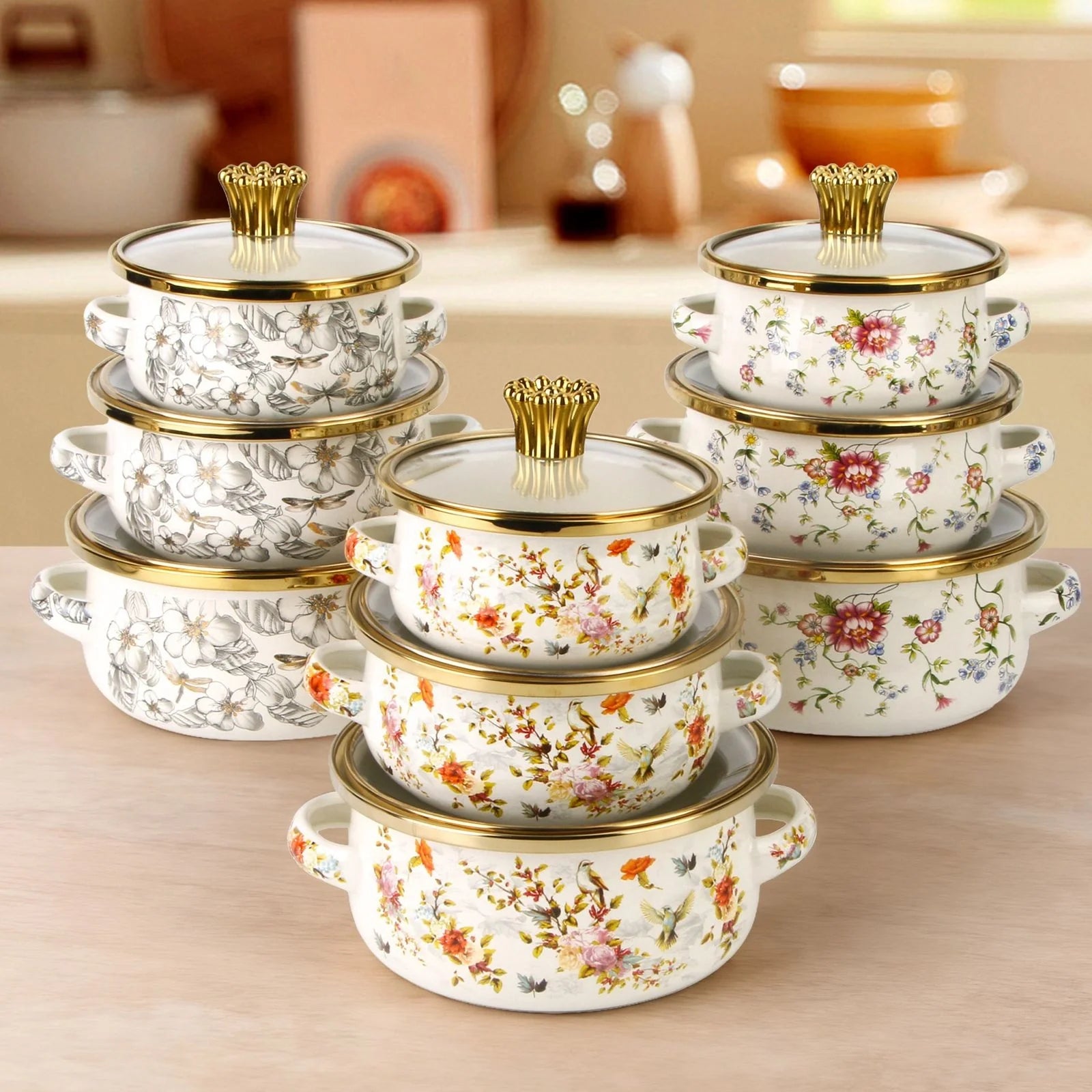 Floral enamel cooking pot set with glass lids – KT Nest