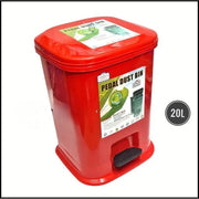 Red step-on dustbin with a label on a white background