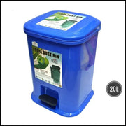 Blue pedal dust bin with a label on a white background