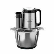 Stainless steel kitchen chopper with black accents on a white background